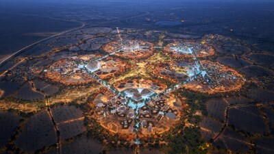 A nighttime rendering of the Expo 2030 in Riyadh, showcasing the illuminated vision of the future global event.