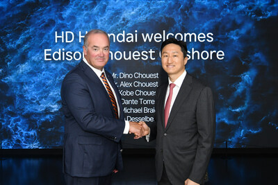 HD Hyundai and Edison Chouest Offshore recently discussed detailed plans for the joint construction of container vessels in the United States. From right to left, Chung Kisun, Executive Vice Chairman of HD Hyundai, and Dino Chouest, CEO of Edison Chouest Offshore