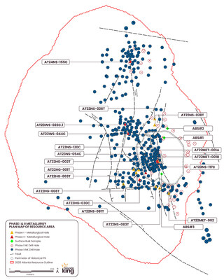 Figure 2. Location of large diameter core holes and bulk samples used in Phase 1 and 2 metallurgical testing (CNW Group/Nevada King Gold Corp.)