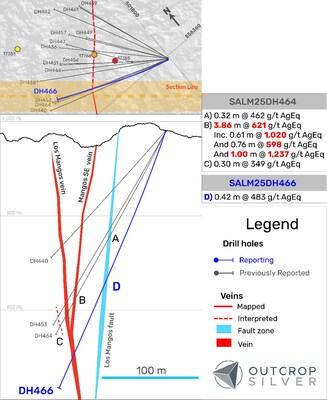 Figure 2. Geological cross-section showing the Los Mangos vein system. The section width is 30 metres. (CNW Group/Outcrop Silver & Gold Corporation)