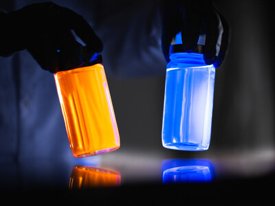 Quantum dots glowing with various colors in vials. Courtesy of UbiQD, Inc.