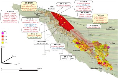 Figure 4: Isometric view of SAM SE target area with high-grade gold intercepts (Looking NW) (CNW Group/1911 Gold Corporation)