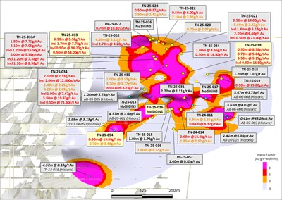 Figure 5: Expanded Long Section (AA') of San Antonio Southeast with drill intercepts (view to NE) (CNW Group/1911 Gold Corporation)