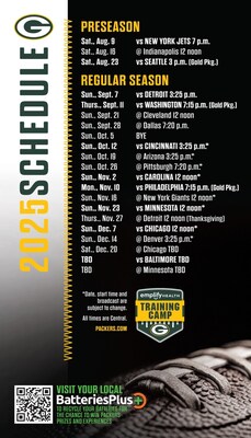 Batteries Plus will be the official game sponsor for Green Bay’s preseason matchup against Seattle at Lambeau Field on Saturday, August 23 at 3:00pm. All fans attending the game will receive a complimentary magnet schedule of the Packers 2025-2026 season, featuring a QR code to learn more about battery recycling, how to bring batteries into a local Batteries Plus store for recycling, and to find the nearest location in Wisconsin. Those details can also be found at www.batteriesplus.com.