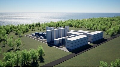 Illustration of the ZEUS Power Plant by the coast, with the associated oxygen production facility – designed to generate zero-emission, dispatchable power from high-CO₂ natural gas (courtesy of: Aker Solutions)