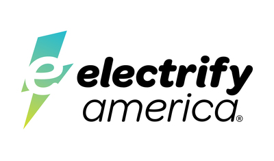 This is the Electrify America logo with a colored bolt and black text with a horizontal layout. (PRNewsfoto/Electrify America, LLC)