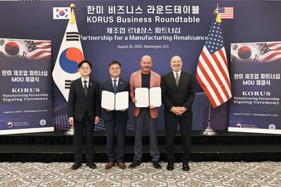 Pictured from left: Kim Jung-kwan, Korean Minister of Trade; Jongdoo Kim, President of Doosan Enerbility Nuclear Power Plant BG; Toby Neugebauer, Co-Founder of Fermi America, and Howard Lutnick, United States Secretary of Commerce