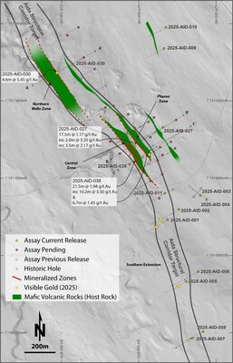 Figure 1: Plan map of the 2025 Aida drill program with mafic host units outlined within the Aida shear corridor. (CNW Group/First Nordic Metals Corp.)