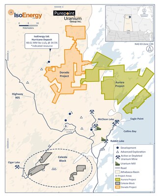 Figure 3: IsoEnergy and Purepoint Uranium Joint Venture including, Dorado Project, Aurora Project and Celeste Block. 
* See Qualified Person Statement below. (CNW Group/IsoEnergy Ltd.)