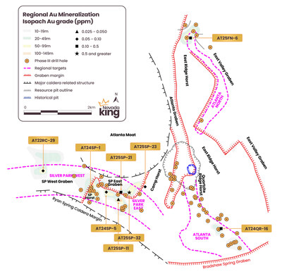 Figure 4.  Isopach map showing thickness of significant mineralized zones encountered in the Phase 3 drilling program together with major horst and graben features controlling overall distribution of mineralization.  Important hole intercepts are keyed for grade. (CNW Group/Nevada King Gold Corp.)