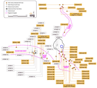 Figure 5. Simplified view of Atlanta Gold Mine Project area with locations of Atlanta North, Atlanta South, and Siver Park exploration targets with newly released Phase III drilling (CNW Group/Nevada King Gold Corp.)