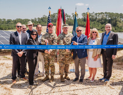 Representatives of the U.S. Army, Onyx Renewables, and Corvias celebrate the completion of a 13-megawatt solar array at Fort Polk military installation in Leesville, LA.