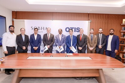 From left: Suraj Gopinathan, Assistant Vice President Senior Manager, Sobha Realty; Diwakar Kheterpal, Director Group Procurement Sobha Realty; Ehtesham Ahmed, Otis Middle East (ME) Sales & Marketing Dir.; Mohammed Al Qaisi, Otis ME Leader; Varughese Mathew, Chief Operating Officer, Sobha Realty; João Penedo, Otis Senior VP for Iberia, Africa & Middle East (IBAME); Javier Barquin, Otis Field Lead; Ramon Sendra, Otis Sales Lead; Mohamed Haidara, Otis UAE Sr Sales Mgr; Alphin Aloor, Otis Analytics