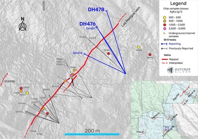 Figure 1. The plan view of the Los Mangos vein target shows the drill holes reported in this release (Table 1), previously reported holes (Table 3), and surface exploration samples (Table 2). Coordinates are in the UTM system, zone 18N, and WGS84 projection. Hole DH474 intercepted 2.11 m of quartz vein and breccias with No Significant Results in the Los Mangos vein, while hole DH481 intercepted 1.33 m of quartz veining with No Significant Results. No Significant Result means an intercept lower than 200 g/t AgEq1. (CNW Group/Outcrop Silver & Gold Corporation)