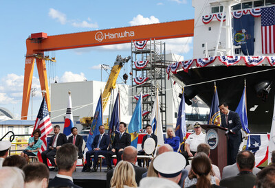 Dong Kwan Kim, Vice Chairman of Hanwha Group, delivers welcome speech at the ship naming ceremony held at Hanwha Philly Shipyard, with South Korean President Lee Jae Myung and Pennsylvania Governor Josh Shapiro present