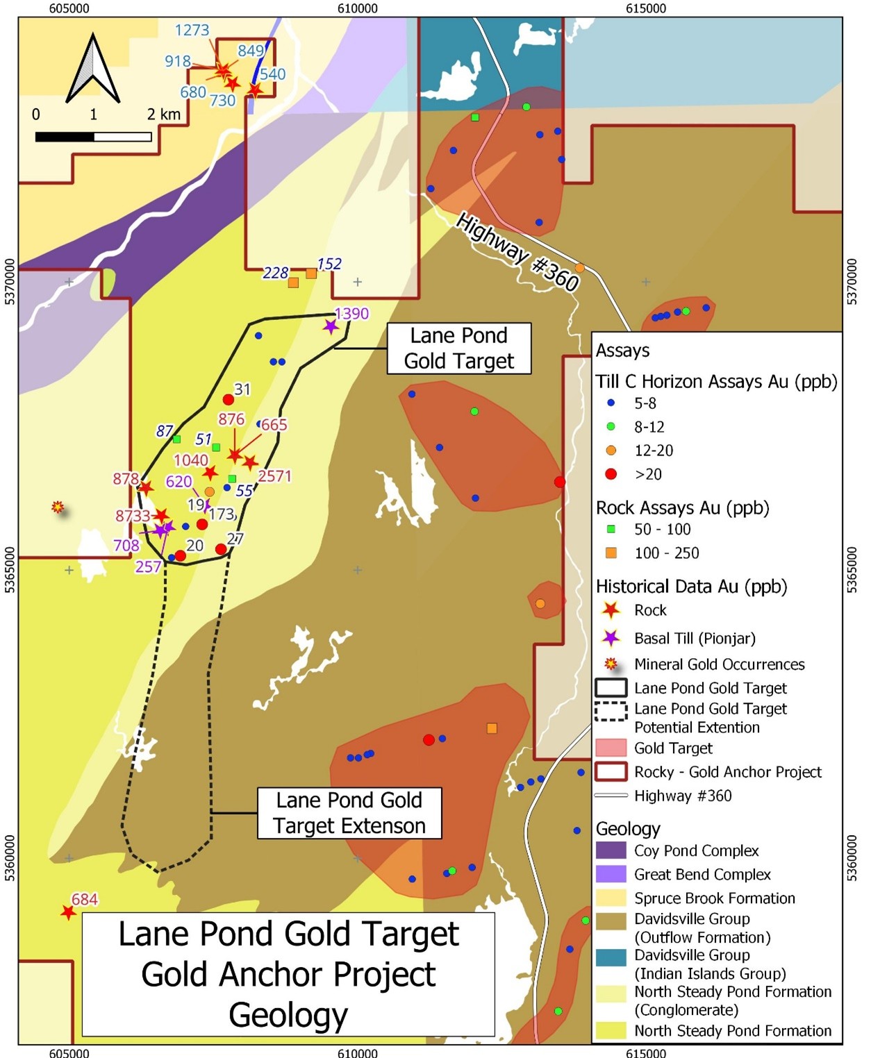 Lane Pond Gold Target Geology and Gold Values