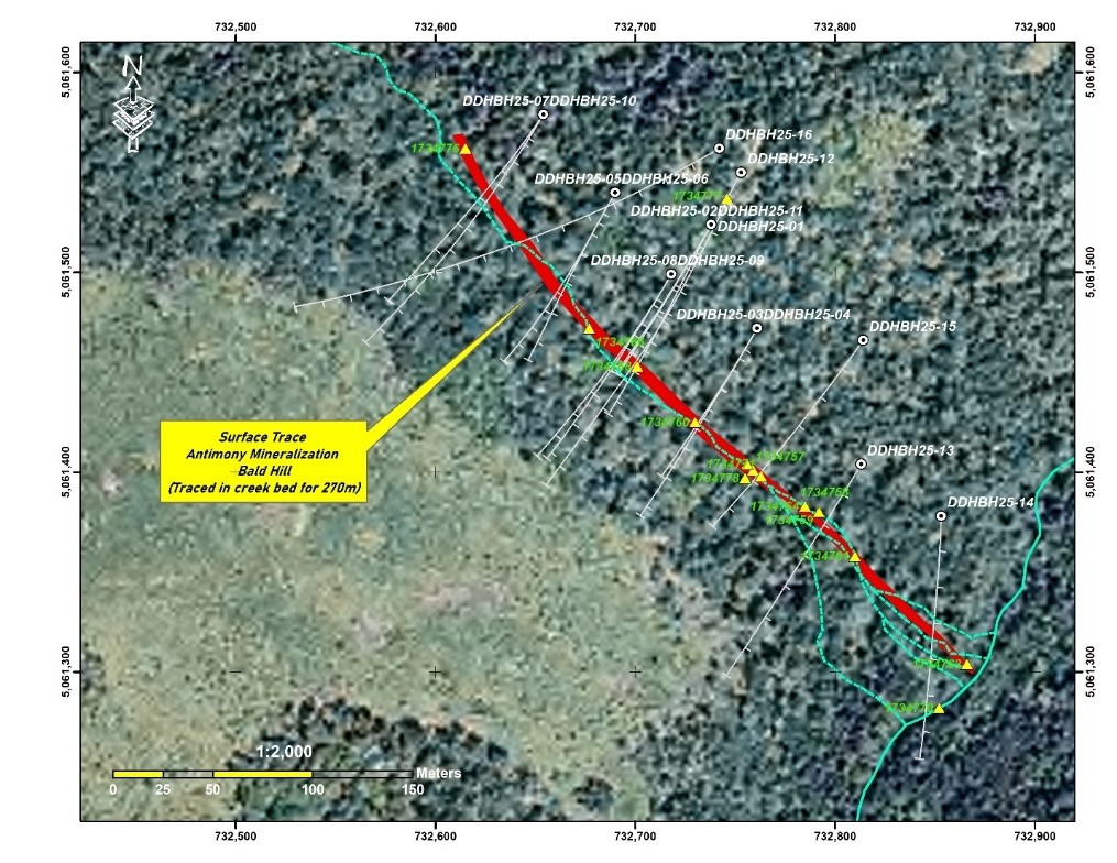Drillhole Locations on the Bald Hill Antimony Main Zone. Yellow triangles represent locations of massive stibnite occurrences on surface. The surface trace of the mineralization is shown in red while drill hole locations are shown by circles.  Note: only the drill holes in Antimony Resources recently completed Phase One Program are shown for clarity.