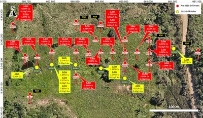 Figure 3: Drill Status/Intercepts at the T5 Cu-Au Prospect. (CNW Group/Bravo Mining Corp.)