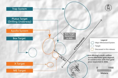 Figure 3: Plan View of the Guayabales Project Highlighting the X Target, the Apollo System and ME Target Areas (CNW Group/Collective Mining Ltd.) Figure 3: Plan View of the Guayabales Project Highlighting the X Target, the Apollo System and ME Target Areas (CNW Group/Collective Mining Ltd.)