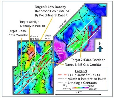 Figure 2. Residual Gravity map of the HSRP area with interpreted faults and “corridor structures”, interpreted geologic contacts, and suggested targets for follow-up exploration. (CNW Group/Eminent Gold Corp.)