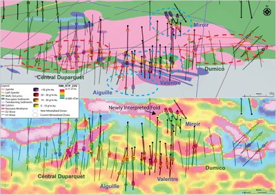 Figure 2: Plan view map, highlighting the Miroir target area and multiple significant near-surface assay results, and showing the 2nd vertical derivative magnetics geophysical product and newly interpreted fold at the Miroir area. (CNW Group/First Mining Gold Corp.) Figure 2: Plan view map, highlighting the Miroir target area and multiple significant near-surface assay results, and showing the 2nd vertical derivative magnetics geophysical product and newly interpreted fold at the Miroir area. (CNW Group/First Mining Gold Corp.)