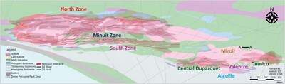 Figure 3: Plan view map of Duparquet geology and mineral resource with main targets around the project core area, showing A-A’ long section line on Figure 1 (CNW Group/First Mining Gold Corp.) Figure 3: Plan view map of Duparquet geology and mineral resource with main targets around the project core area, showing A-A’ long section line on Figure 1 (CNW Group/First Mining Gold Corp.)