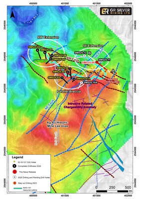 Figure 1 Location Map – Drill Hole SMS25-09 Location in the Current Step-Out Drilling Program and Intrusive Related Chargeability Anomaly (CNW Group/GR Silver Mining Ltd.) Figure 1 Location Map – Drill Hole SMS25-09 Location in the Current Step-Out Drilling Program and Intrusive Related Chargeability Anomaly (CNW Group/GR Silver Mining Ltd.)