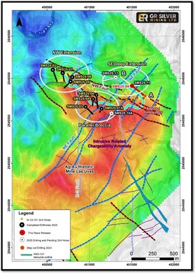 Figure 1 Location Map – Current Step-Out Drilling Program and Intrusive Related Chargeability Anomaly with Target Areas (CNW Group/GR Silver Mining Ltd.)