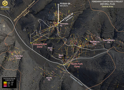 Figure 2:  Fondaway Canyon Central Area drill location plan map. (CNW Group/Getchell Gold Corp.)