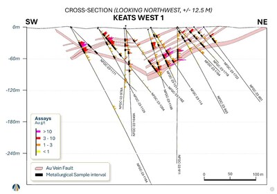 Figure 2. Keats West 1 cross section showing diamond drill holes selected for metallurgical testing; black bars represent metallurgical testing intervals. (CNW Group/New Found Gold Corp.)