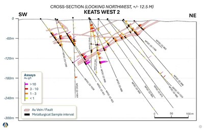 Figure 3. Keats West 2 cross section showing diamond drill holes selected for metallurgical testing; black bars represent metallurgical testing intervals. (CNW Group/New Found Gold Corp.)