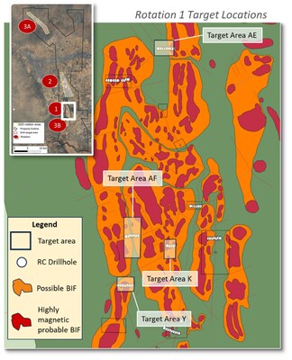 Target areas for Rotation 1 of the 2025 reverse circulation drilling program at the Kraaipan Gold Project, Botswana. (CNW Group/North Arrow Minerals Inc.) Target areas for Rotation 1 of the 2025 reverse circulation drilling program at the Kraaipan Gold Project, Botswana. (CNW Group/North Arrow Minerals Inc.)