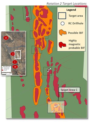 Rotation 2 target areas for the 2025 reverse circulation drilling program at the Kraaipan Gold Project. (CNW Group/North Arrow Minerals Inc.) Rotation 2 target areas for the 2025 reverse circulation drilling program at the Kraaipan Gold Project. (CNW Group/North Arrow Minerals Inc.)