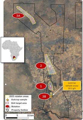 Kraaipan Gold Project area and areas drilled during the three rotations of Reve (CNW Group/North Arrow Minerals Inc.) Kraaipan Gold Project area and areas drilled during the three rotations of Reve (CNW Group/North Arrow Minerals Inc.)