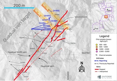 Figure 1. Plan view of the Guadual target showing the drill holes reported in this release (Table 1), previously reported holes (Table 3), and surface exploration samples (Table 2). Coordinates are in the UTM system, zone 18N, and WGS84 projection. Holes DH480, DH482, and DH848 intercepted quartz vein or breccias with No Significant Results in the Guadual North or Guadual veins. No Significant Result means an intercept lower than 200 g/t AgEq1. (CNW Group/Outcrop Silver & Gold Corporation)