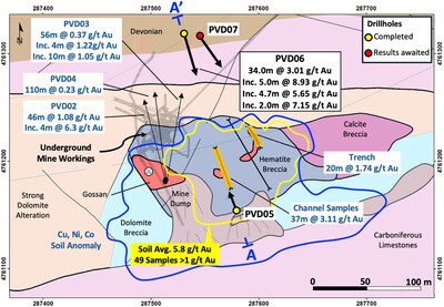 Figure 1 – Summary Geology map and drillhole locations; A – A’ cross section location (CNW Group/Pan Global Resources Inc.)