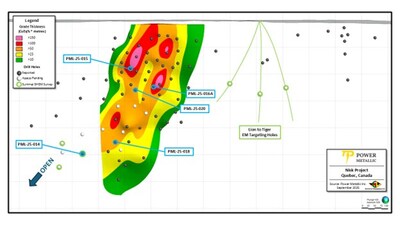 Figure 2: Lion Area long-section with drill hole locations reported in this news release. (CNW Group/Power Metallic Mines Inc.) Figure 2: Lion Area long-section with drill hole locations reported in this news release. (CNW Group/Power Metallic Mines Inc.)