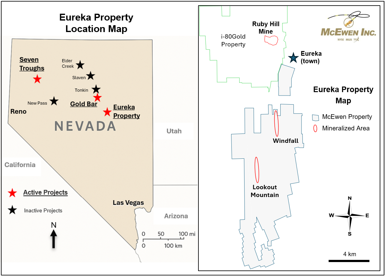 Figure 1: Map of Eureka Property showing Windfall, Lookout Mountain, and Ruby Hill Mine