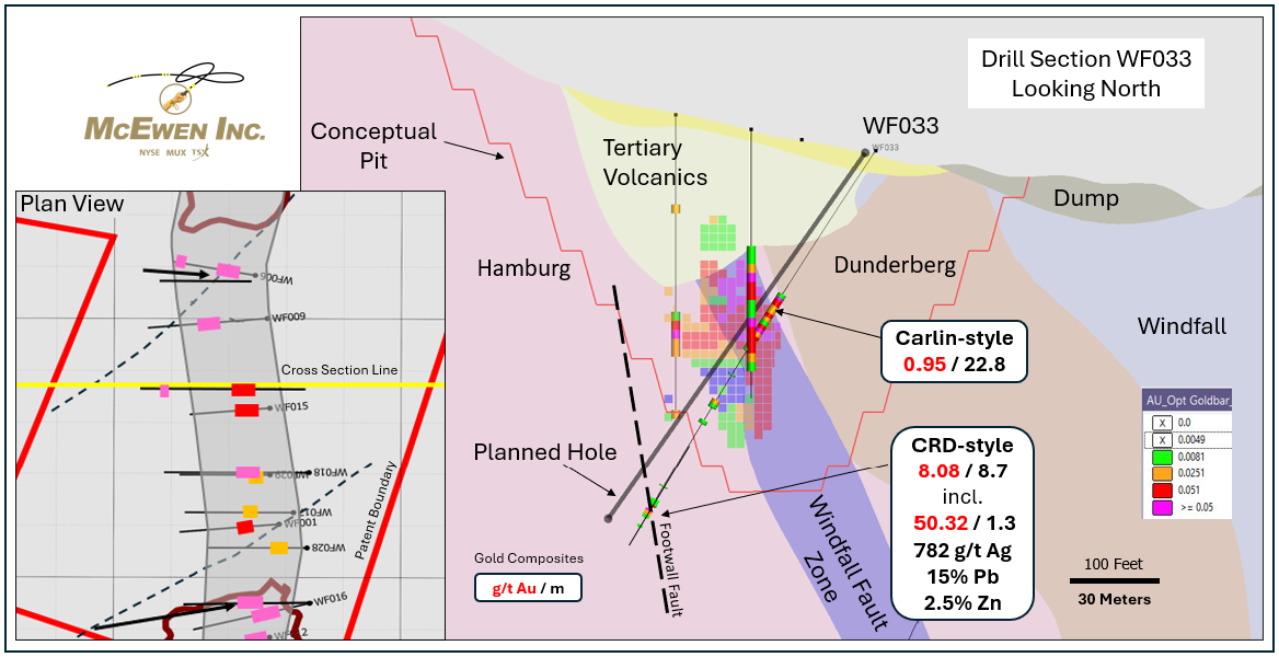 Figure 3: Cross-section of WF033 showing CRD- and Carlin-style mineralization