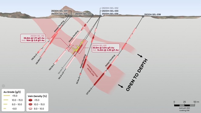 Cross section of Miata’s drilling into Jons Trend, showing two stacked lenses plunging shallowly to the southeast. The projection of the zone is based on alteration, deformation, and veining.