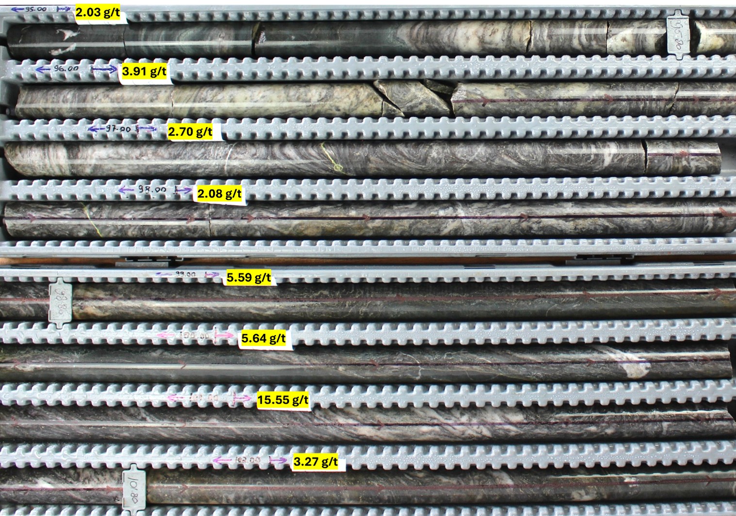 25DDH-SEL-033, showing the interval from 94.93 m (top left) to 102.60 m (bottom right). The interval from 99 m to 102 m yielded a grade of 8.93 g/t gold over 3 m  . Note, assays displayed at beginning of sample intervals.