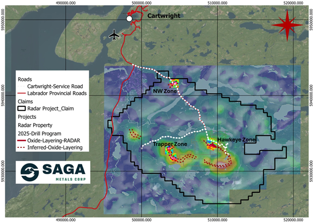 Radar Property map, depicting magnetic anomalies, oxide layering and the site of the 2025 drill program in the Hawkeye zone. The Property is well serviced by road access and is conveniently located near the town of Cartwright, Labrador. A compilation of historical aeromagnetic anomalies is overlaid by ground-based geophysics as shown. SAGA has demonstrated the reliability of the regional airborne magnetic surveys after ground-truthing and drilling in the 2024 and 2025 field programs.