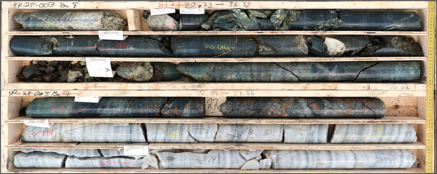 Hole BR25-003 at 27m, near-surface, strongly developed skarn interval with minor garnet rich horizons and retrograde chlorite-amphibole overprint. Intense massive-mottled Pyrrhotite > Chalcopyrite over ~80cm along contact with marble.