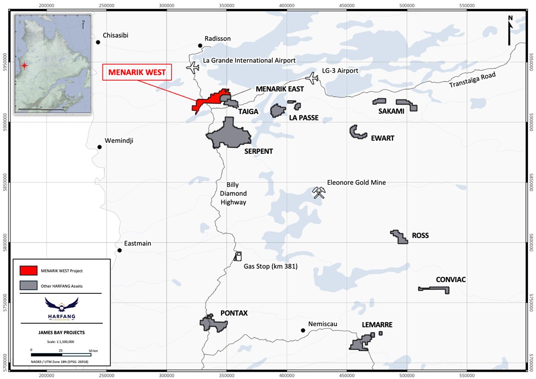 Location map of Harfang’s projects in Eeyou Istchee James Bay, Québec, highlighting Menarik West.