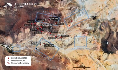 Figure 01: Map showing the location of historical collars and newly drilled holes from the 2025 drill program. (CNW Group/Argenta Silver Corp.) Figure 01: Map showing the location of historical collars and newly drilled holes from the 2025 drill program. (CNW Group/Argenta Silver Corp.)