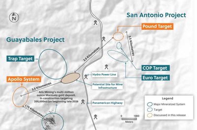 Figure 4: Plan View of the San Antonio and Guayabales Projects Highlighting the Pound Target and the Apollo System (CNW Group/Collective Mining Ltd.)