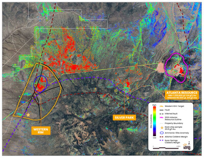 Figure 1. Satellite image with illite crystallinity overlain, and location of 20.8g/t Au rock chip sample. High concentrations of illite crystallinity are observable around the Western Rim target area as well as the past producing Silver Park exploration target and at the Atlanta Resource Zone. Hydrothermal activity is interpreted as emanating from the ammonia illite anomaly outwards into exposed host rocks to the northeast and covered areas to east and south. (CNW Group/Nevada King Gold Corp.)