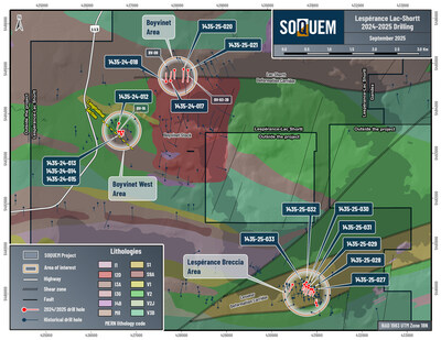 Figure 2. Project geology and 2024-2025 drill hole locations (CNW Group/Soquem inc.)