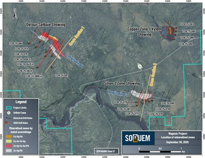 Figure 2. Plan view of the three main showings on the Wagosic project. (CNW Group/Soquem inc.)