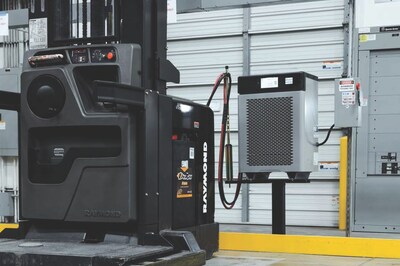 Raymond Lithium Ion Powered High Capacity Orderpicker connected to ACT charging technology.